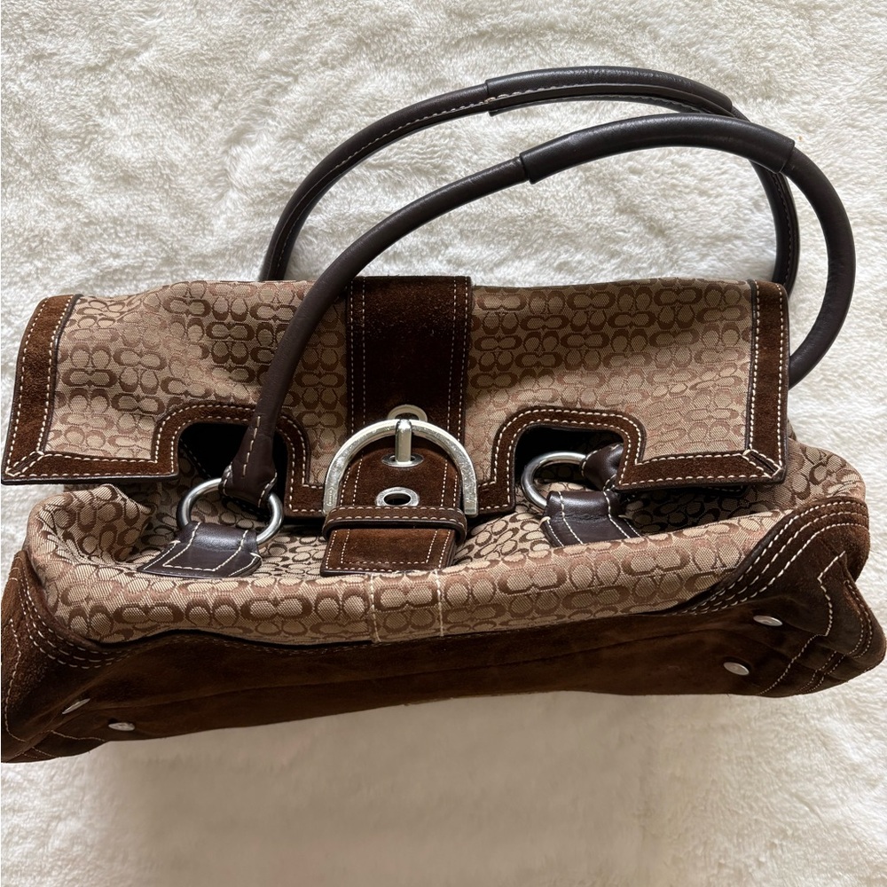 Coach Brown Signature Canvas Shoulder Bag with Suede Trim